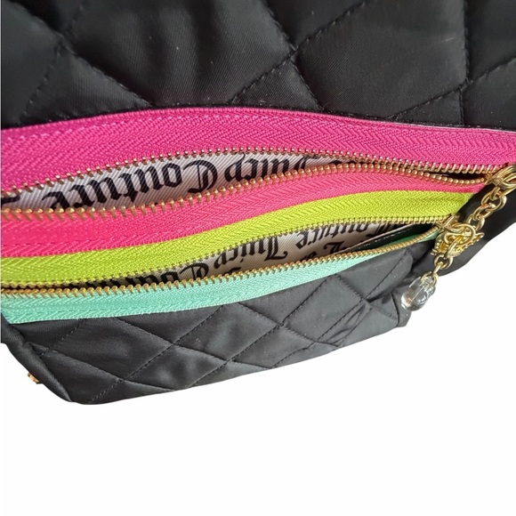 ??Juicy Couture Black Quilted Mini Backpack with Pink, Lime & Mint Stripes